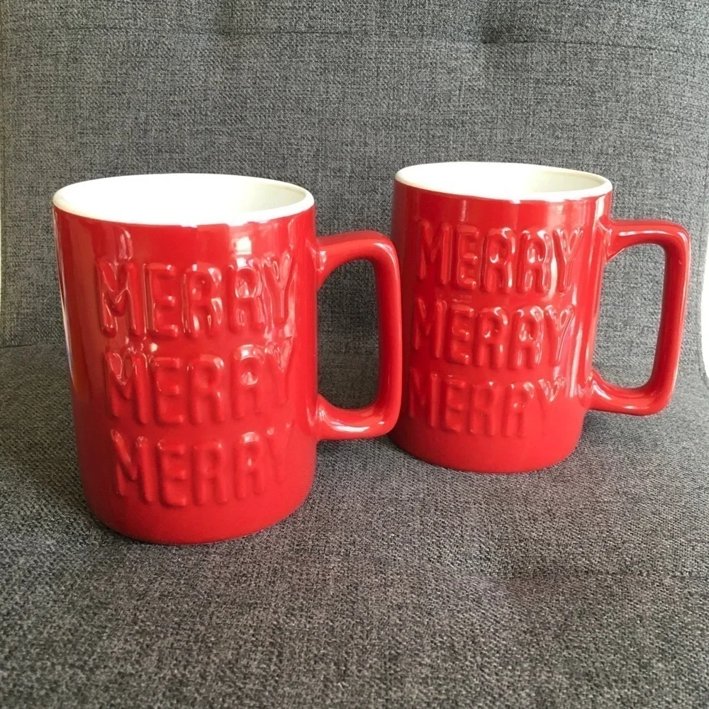 Set/2 “MERRY MERRY MERRY” Coffee Mugs, Red, White, 16 oz